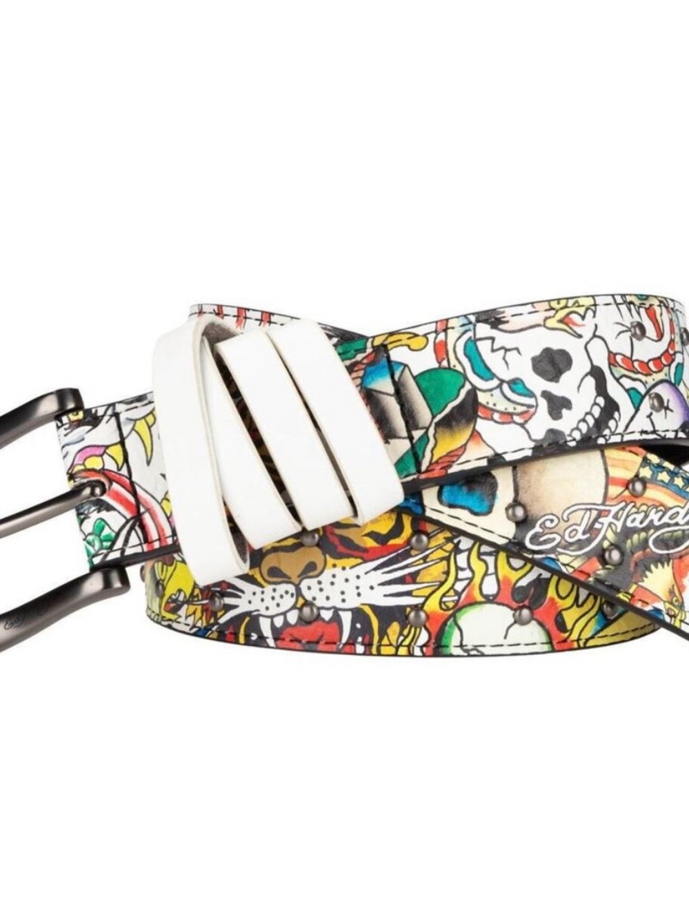 Ed Hardy White Multicolor Tattoo-Print Belt 42 “